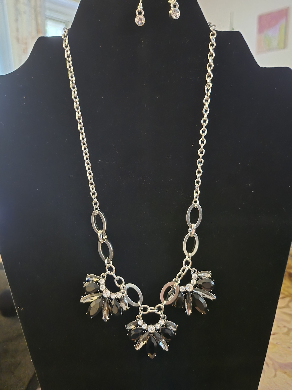 Silver Tone Black Crystal Statement Necklace and Earrings